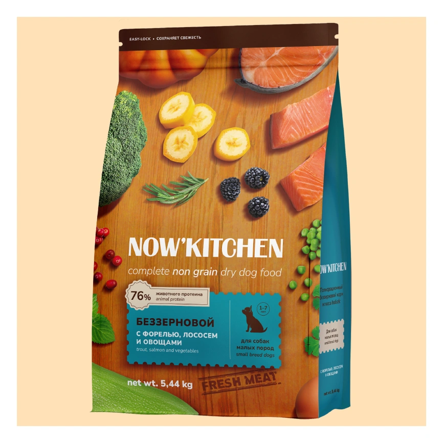 Сухой корм NOW'KITCHEN Fresh Small Adult Trout & Salmon для взрослых собак малых пород со свежей, с форелью и лососем, 5,44 кг фото 1
