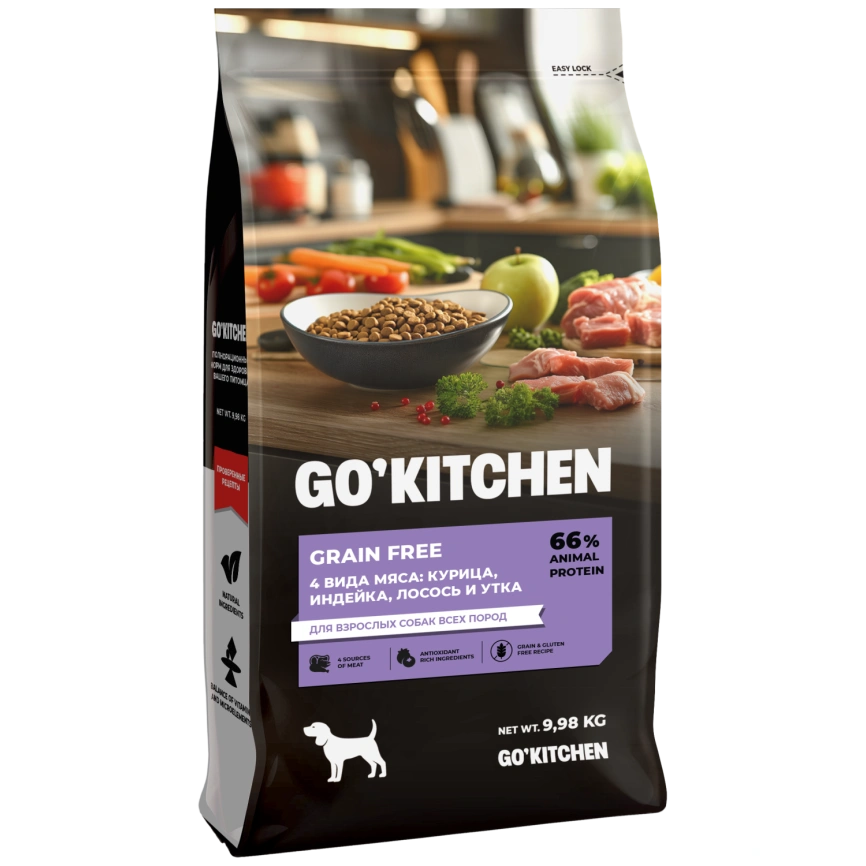 Сухой корм Go'Kitchen Chicken, Turkey, Salmon & Duck для взрослых собак всех пород, с курицей., с курицей, индейкой, лососем и уткой, 9,88 кг фото 3