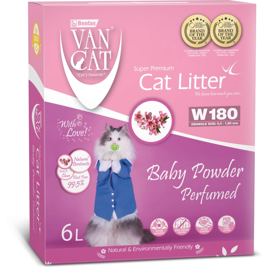 Наполнитель Van Cat для кошачьего туалета, комкующийся без пыли с ароматом детской присыпки, 6 л фото 1