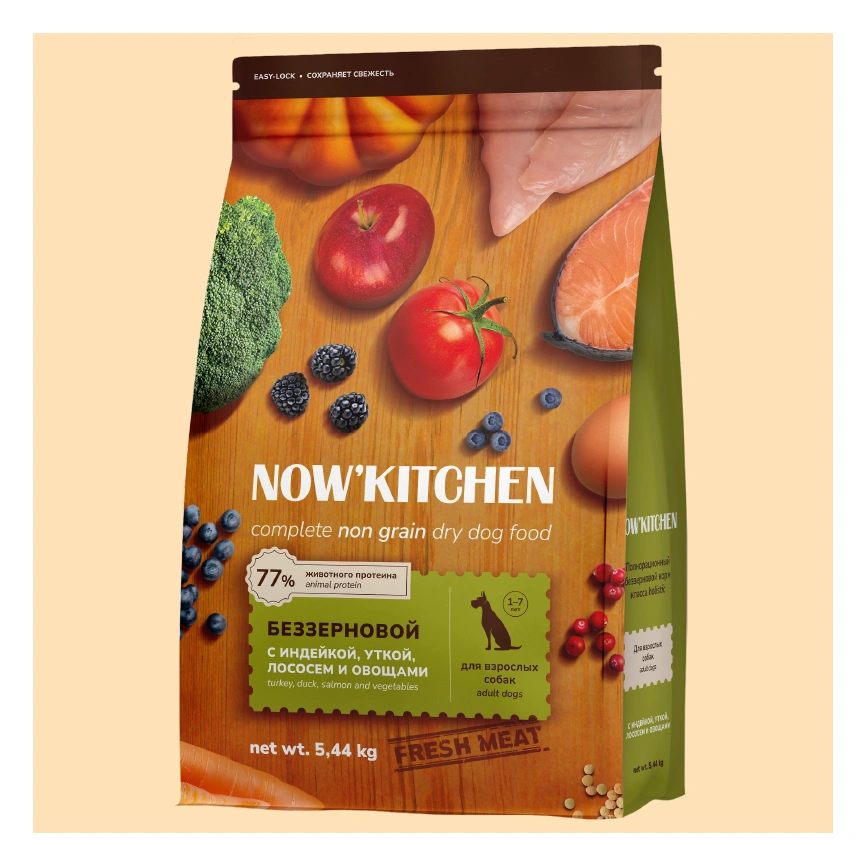 Сухой корм NOW'KITCHEN Fresh Adult Turkey, Duck & Salmon для взрослых собак со свежей индейкой,уткой, с индейкой, уткой и лососем, 5,44 кг фото 1