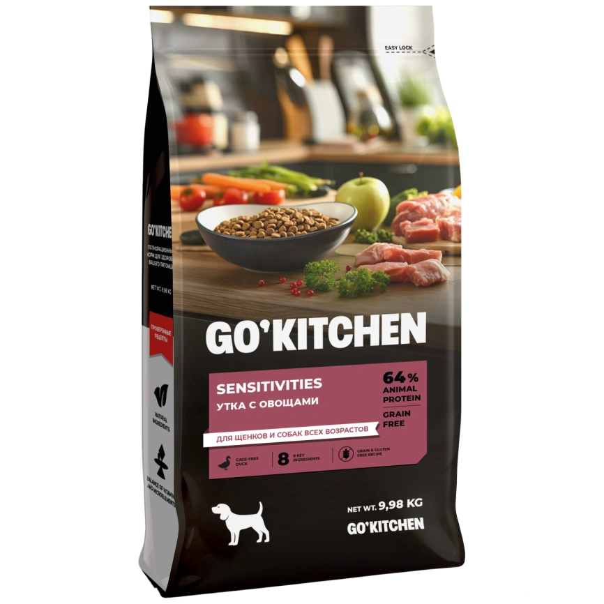Сухой корм Go'Kitchen Duck для щенков и собак всех возрастов для чувствительного пищеварения, с уткой, 9,98 кг фото 1