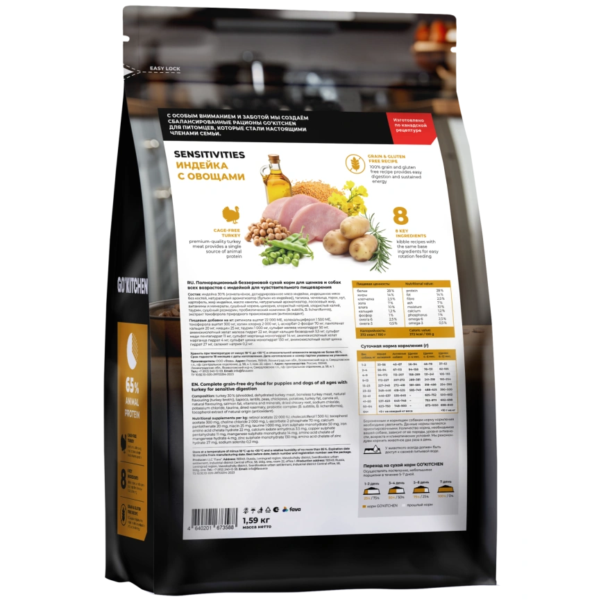 Сухой корм Go'Kitchen Turkey для щенков и собак всех возрастов для чувствительного пищеварения, с индейкой, 1,59 кг фото 2
