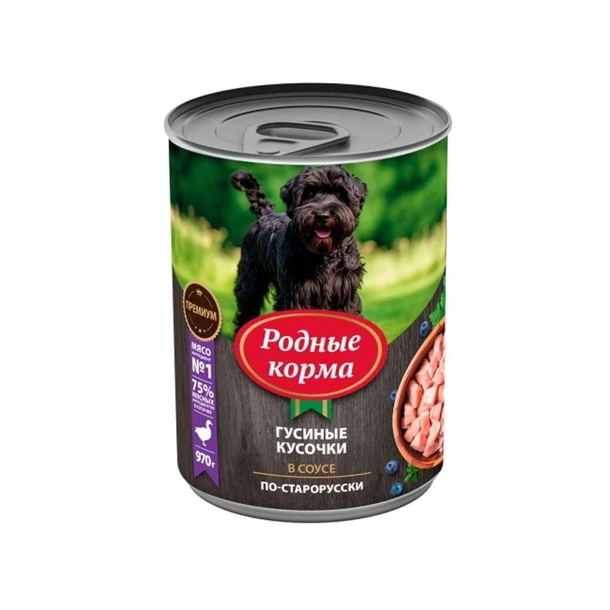 Влажный корм Родные корма для собак, гусиные кусочки в соусе по-старорусски, 970 г фото 1