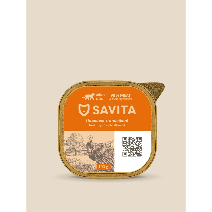 Влажный корм SAVITA паштет Turkey для кошек со свежей, с индейкой, 100 г фото 1