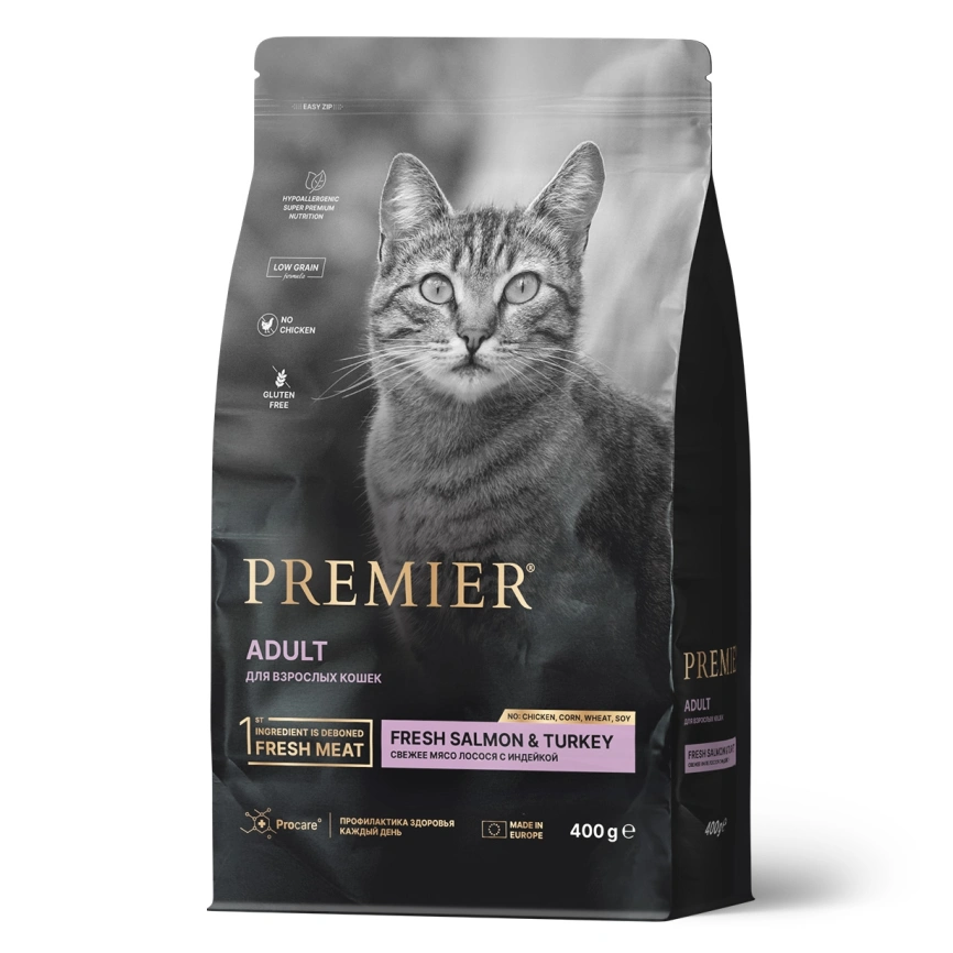 Сухой корм Premier Cat Salmon & Turkey Adult для взрослых кошек, с лососем и индейкой, 400 г фото 1