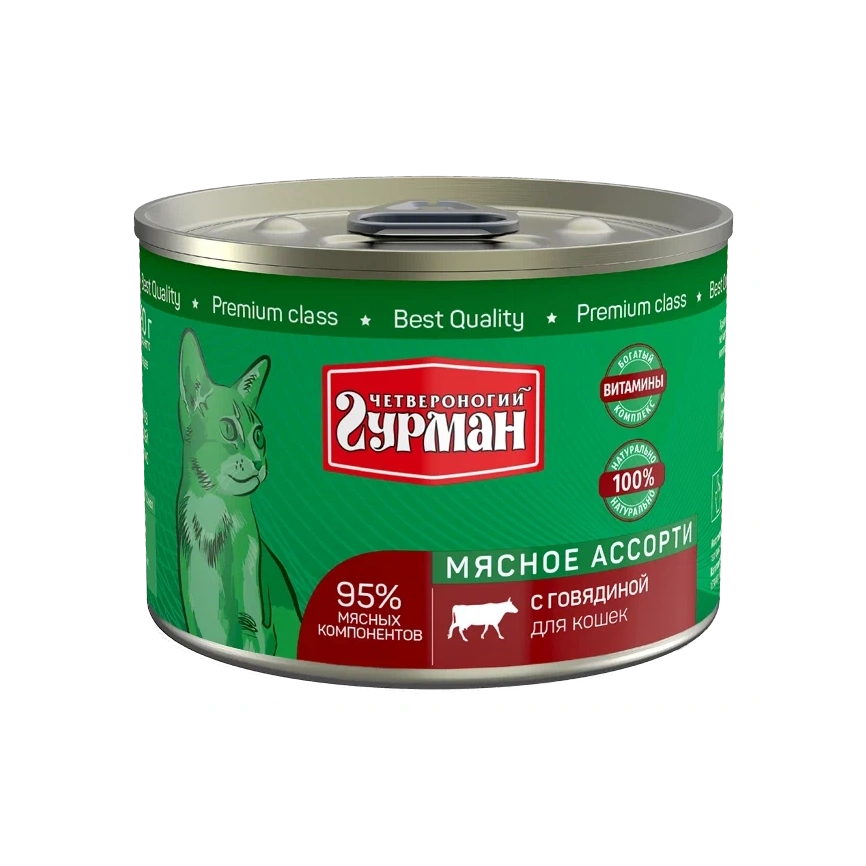 Влажный корм Четвероногий Гурман Beef & Meat Assortment для кошек, с говядиной и мясным ассорти, 190 г фото 1