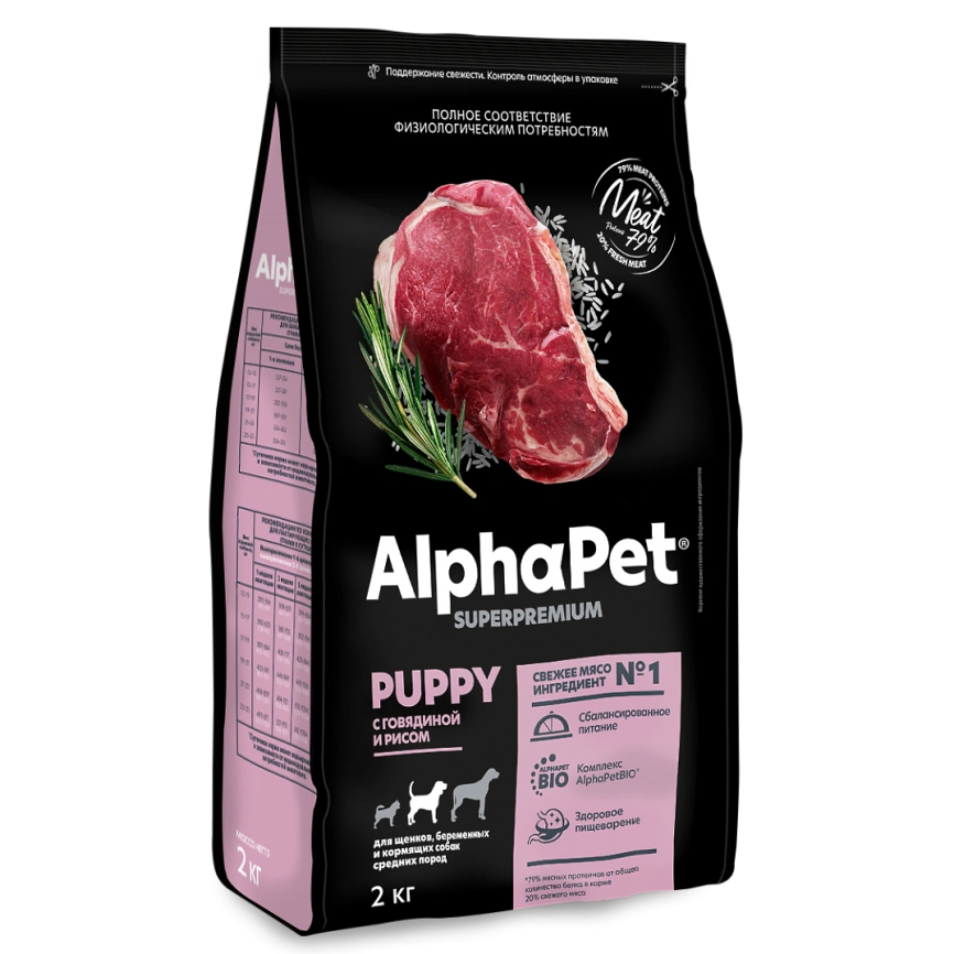 Сухой корм ALPHAPET Superpremium Beef & Rice для щенков, беременных и кормящих собак средних пород, с говядиной и рисом, 2 кг фото 1