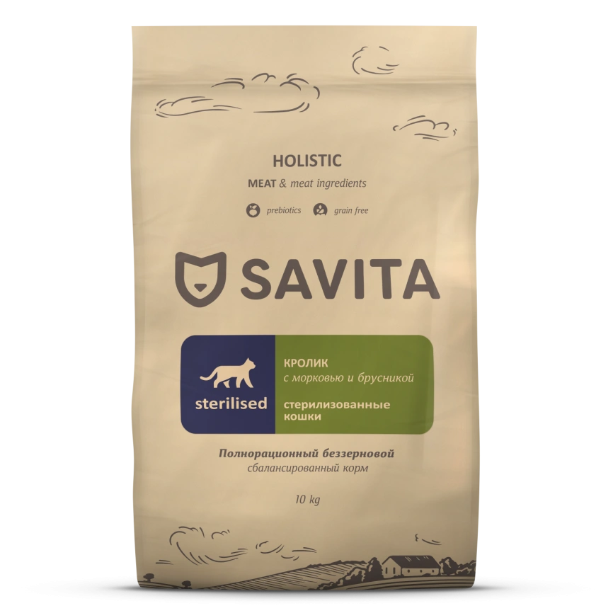Сухой корм SAVITA Sterilised Rabbit для стерилизованных кошек, с кроликом, 10 кг фото 1