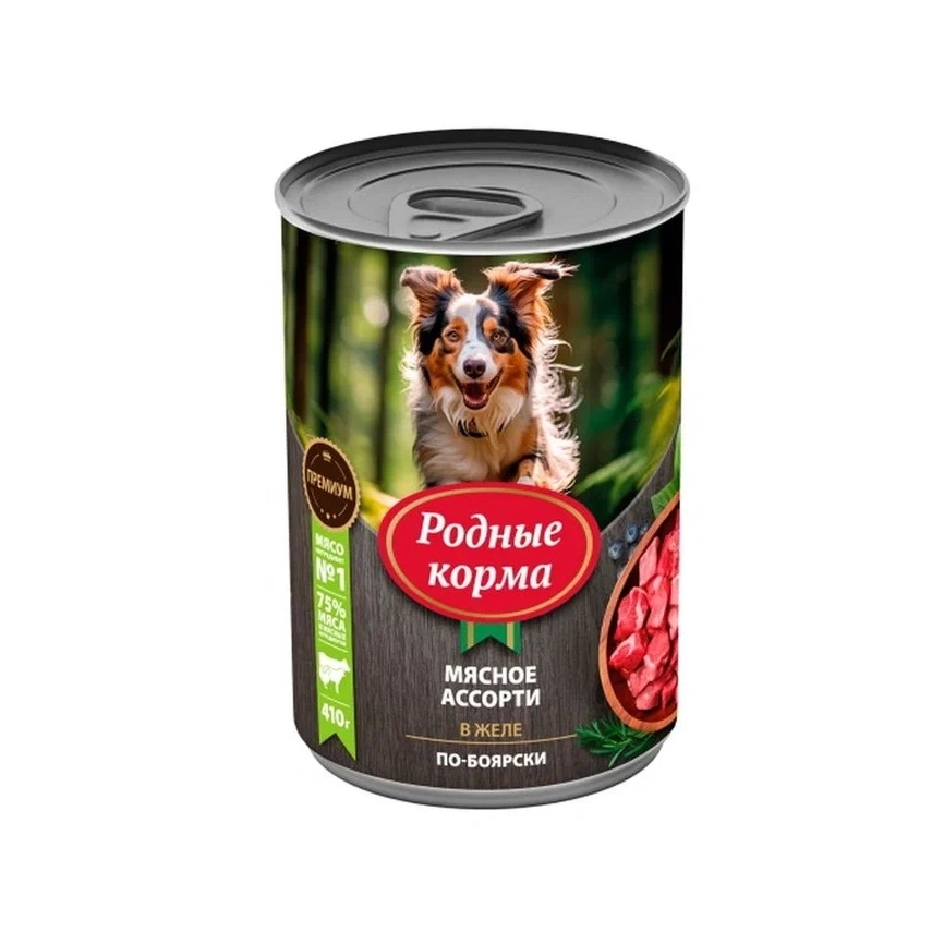 Влажный корм Родные корма Meat Assortment для собак, мясное ассорти в желе по-боярски, 410 г фото 1