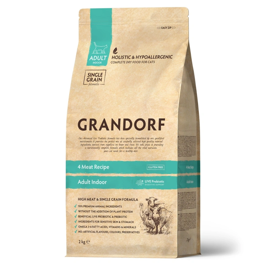 Сухой корм Grandorf 4 Meat Probiotic Indoor Meat Assortment для домашних кошек, с четырьмя видами мяса, 2 кг фото 1