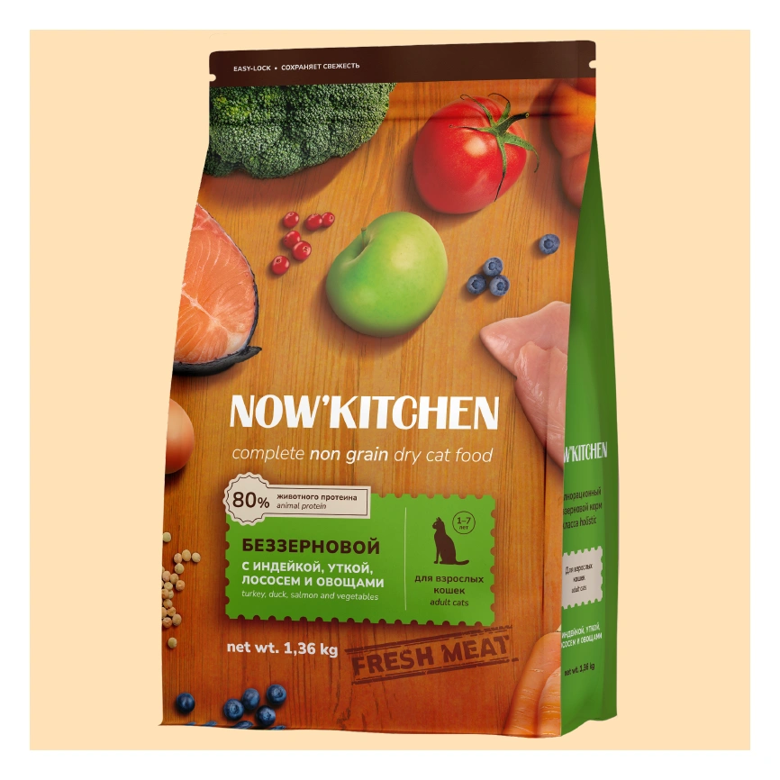 Сухой корм NOW'KITCHEN Fresh Adult Turkey, Duck, Salmon & Vegetables для взрослых кошек со свежей индейкой,уткой,лососем и овощами, 1,36 кг фото 1