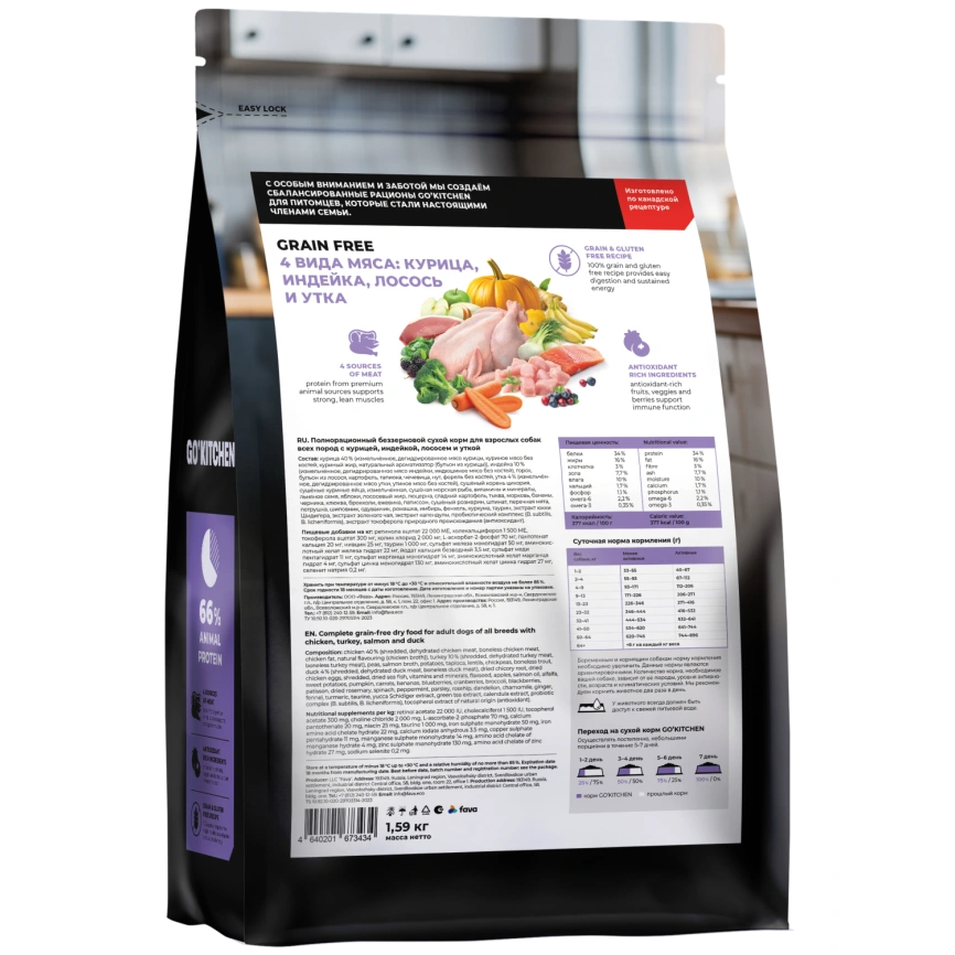 Сухой корм Go'Kitchen Chicken, Turkey, Salmon & Duck для взрослых собак всех пород, с курицей., с курицей, индейкой, лососем и уткой, 1,59 кг фото 2