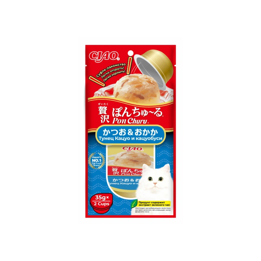 Лакомство Inaba Pon Churu для кошек, суфле тунец Кацуо и кацуобуси, 2 шт, 35 г фото 1