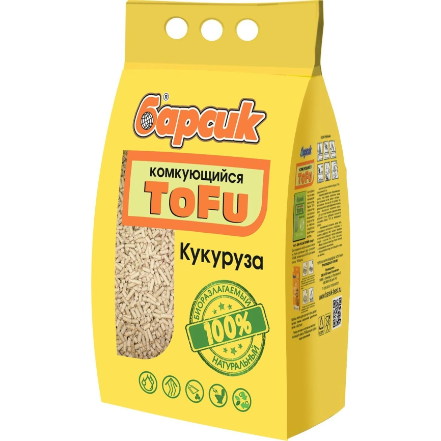 Наполнитель Барсик для кошачьих туалетов, комкующийся Tofu кукурузный, 4,54 л фото 1