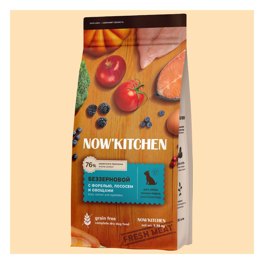 Сухой корм NOW'KITCHEN Fresh Small Adult Trout & Salmon для взрослых собак малых пород со свежей, с форелью и лососем, 9,98 кг фото 1