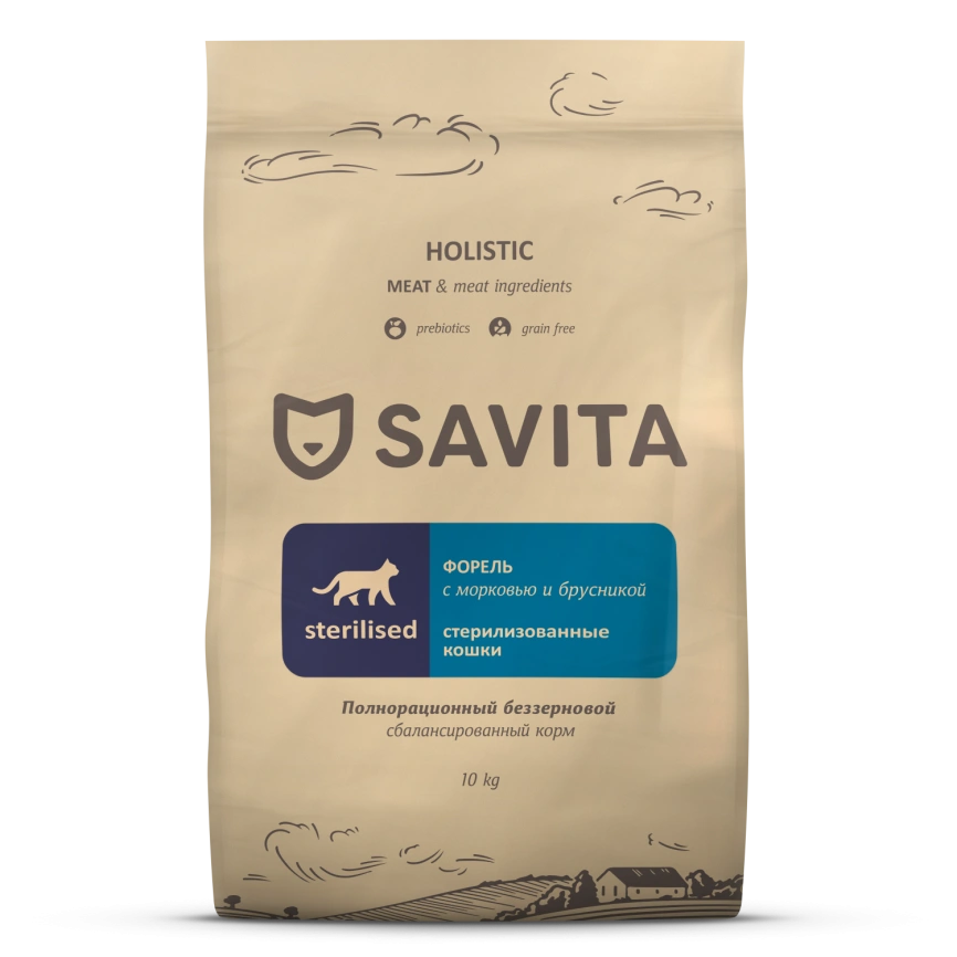 Сухой корм SAVITA Sterilised Trout для стерилизованных кошек, с форелью, 10 кг фото 1