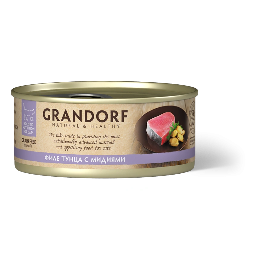 Влажный корм Grandorf Tuna & Mussel для кошек, консервы, Филе тунца с мидиями в бульоне, 70 г фото 1