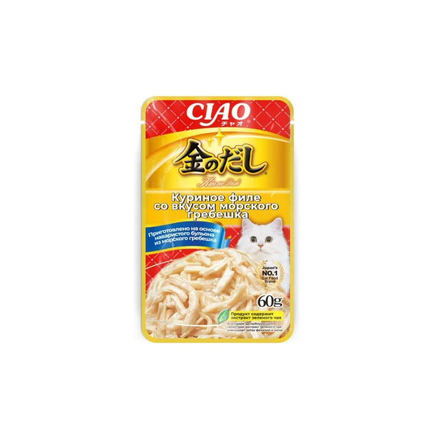 Влажный корм Inaba Ciao Kinnodash Chicken для кошек, куриное филе со вкусом морского гребешка в желе, 60 г фото 1