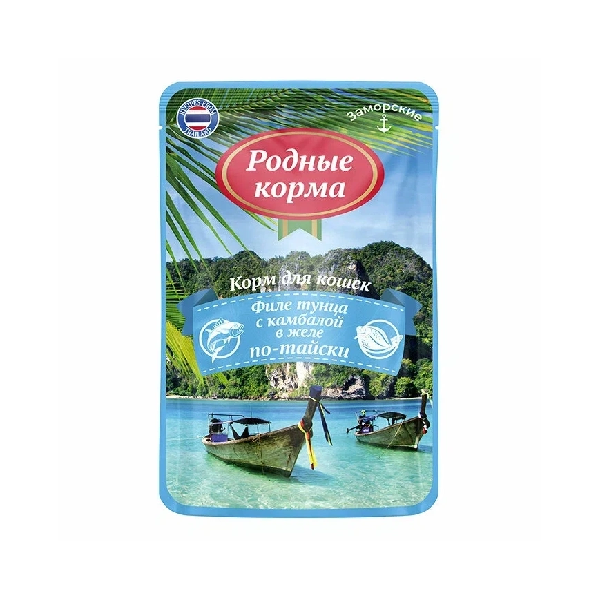 Влажный корм Родные корма заморские паучи Tuna для кошек, филе тунца с камбалой в желе по-тайски, 70 г фото 1
