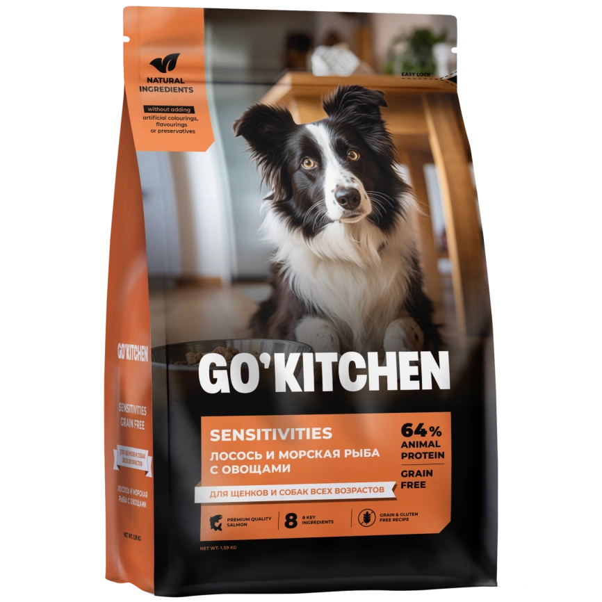 Сухой корм Go'Kitchen Salmon & Fish для щенков и собак всех возрастов для чувствительного пищеварения, с лососем и морской, с лососем и рыбой, 1,59 кг фото 1