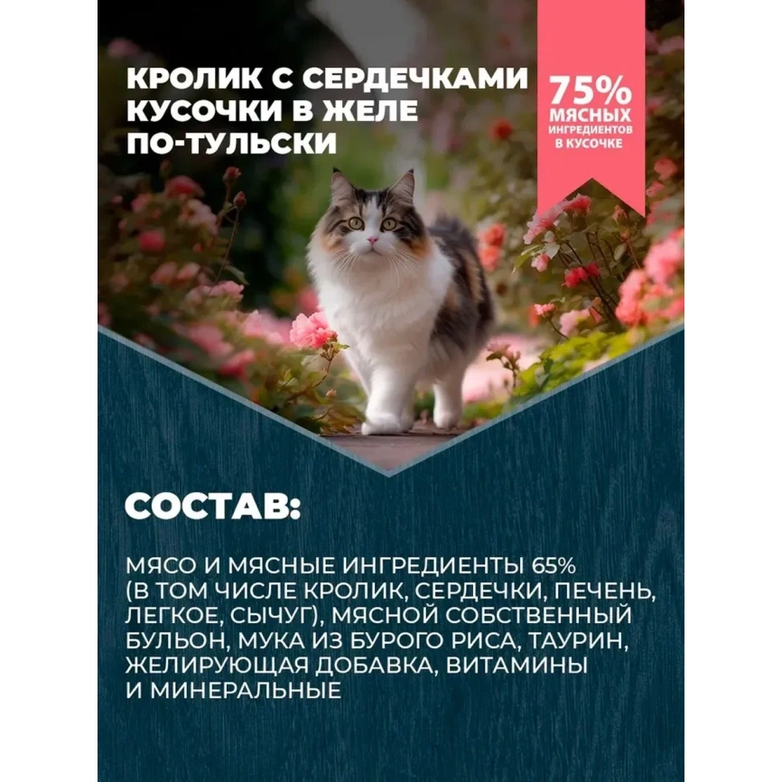 Влажный корм Родные корма Rabbit для кошек, с кроликом и сердечками кусочки в желе по-тульски для улучшения кожи и шерсти, 85 г фото 3