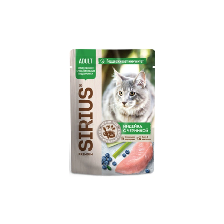 Влажный корм SIRIUS Premium Adult консервированный Turkey & Blueberry для кошек, с чувствительным пищеварением кусочки в соусе индейка с черникой, 85 г фото 1