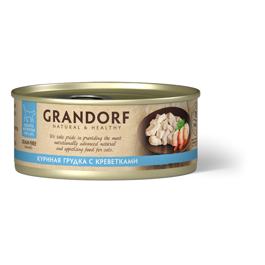 Влажный корм Grandorf Chicken & Shrimp для кошек, консервы, Куриная грудка с креветками в бульоне, 70 г фото 1