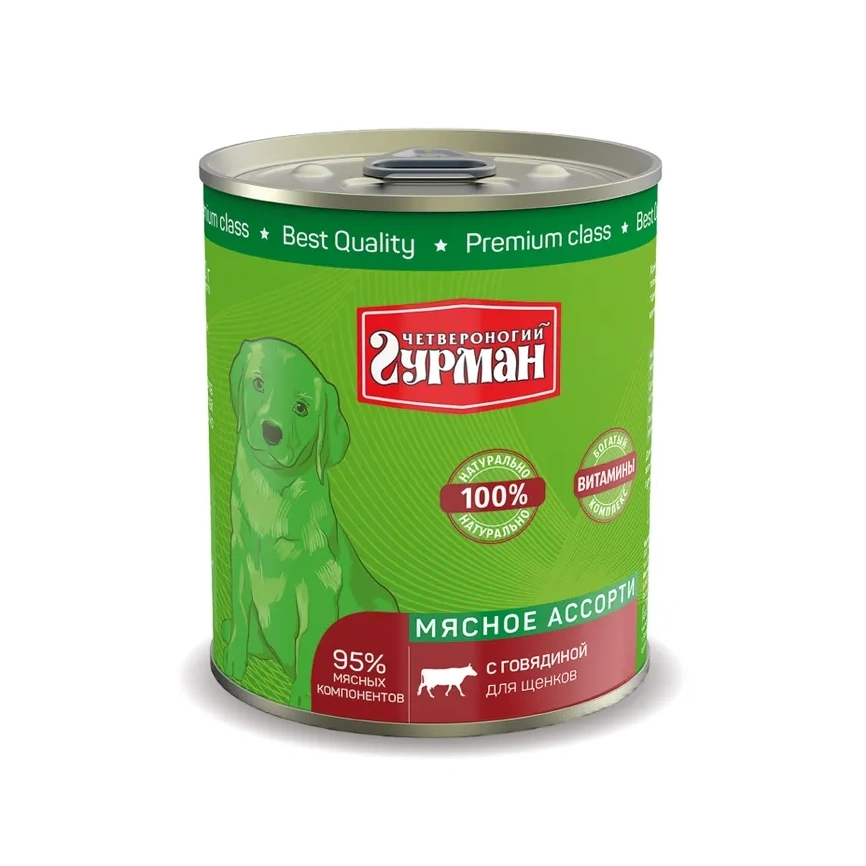Влажный корм Четвероногий Гурман Beef & Meat Assortment для щенков, с говядиной и мясным ассорти, 340 г фото 1
