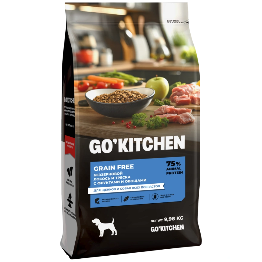 Сухой корм Go'Kitchen Salmon, Cod & Vegetables Для щенков и собак всех возрастов, с лососем, треской, фруктами и овощами, 9,98 кг фото 1