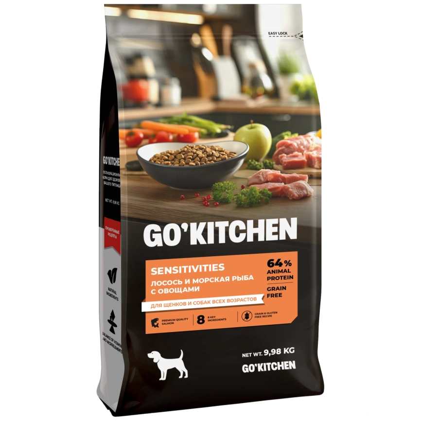 Сухой корм Go'Kitchen Salmon & Fish для щенков и собак всех возрастов для чувствительного пищеварения, с лососем и морской, с лососем и рыбой, 9,98 кг фото 1