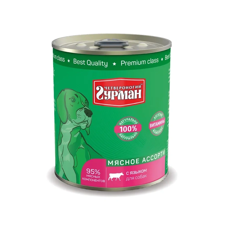 Влажный корм Четвероногий Гурман Meat Assortment для собак, мясное ассорти с языком, 340 г фото 1