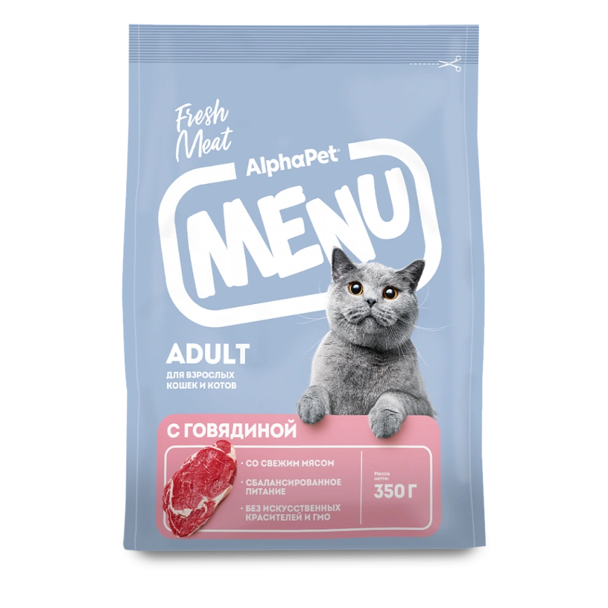 Сухой корм ALPHAPET MENU Beef для взрослых кошек и котов, с говядиной, 350 г фото 2