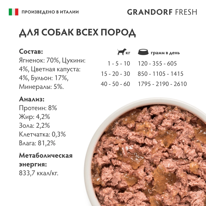 Влажный корм консервы Grandorf Fresh Lamb для собак паштет из ягненка с цуккини и цветной капустой 200 г фото 6
