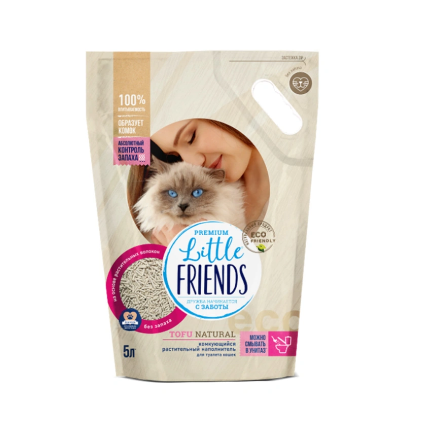 Наполнитель Little Friends Tofu Natural комкующийся растительный для кошачьих туалетов, 5 л фото 1