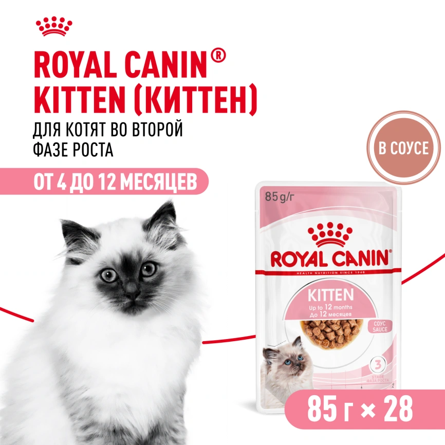 Влажный корм Royal Canin Kitten в соусе для котят до 12 месяцев, пауч, 85 г фото 13