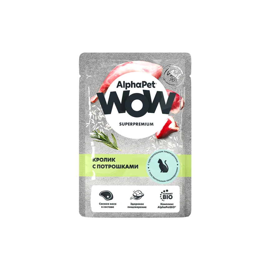 Влажный корм ALPHAPET WOW Superpremium Rabbit & Giblets для кошек, с чувствительным пищеварением, с кроликом и потрошками, 85 г фото 1