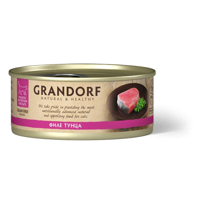 Влажный корм Grandorf Tuna для кошек, консервы, Филе тунца в бульоне, 70 г фото 1