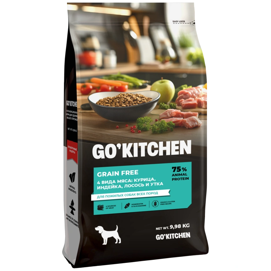 Сухой корм Go'Kitchen Chicken, Turkey, Salmon & Duck для пожилых собак всех пород, с курицей, с курицей, индейкой, лососем и уткой, 9,98 кг фото 1
